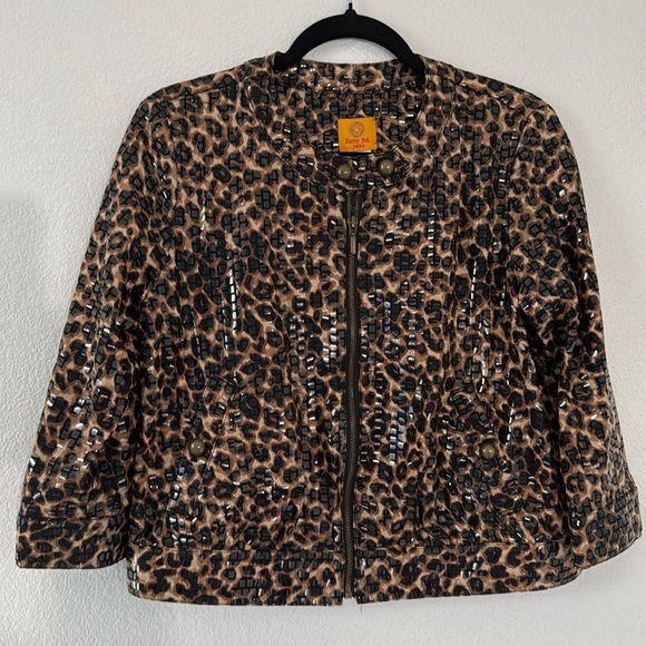 Rudy Rd Women's Shiny Textured Cheetah Print Zip Front Crop Bomber Jacke… - Picture 1 of 5